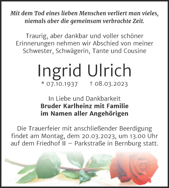 Traueranzeige von Ingrid Ulrich von Trauerkombi Bernburg