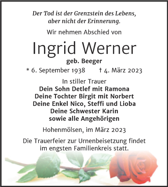 Traueranzeige von Ingrid Werner von Trauerkombi Weißenfels