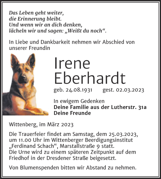 Traueranzeige von Irene Eberhardt von Trauerkombi Wittenberg
