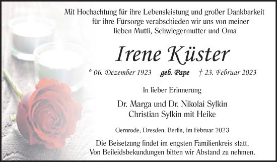 Traueranzeige von Irene Küster von Trauerkombi Quedlinburg