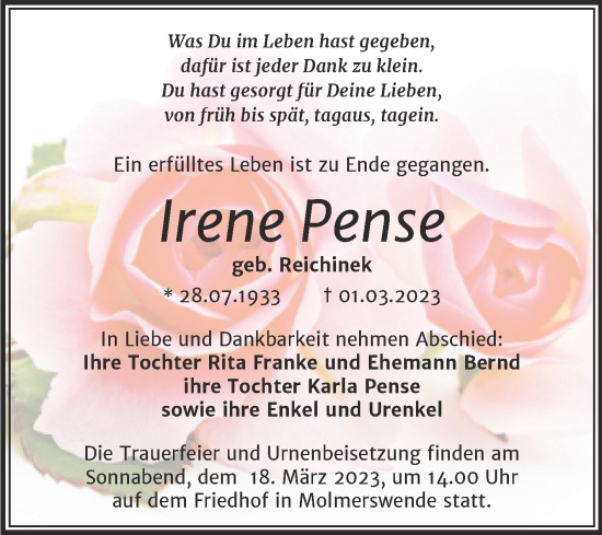 Traueranzeige von Irene Pense von Trauerkombi Mansfelder Land