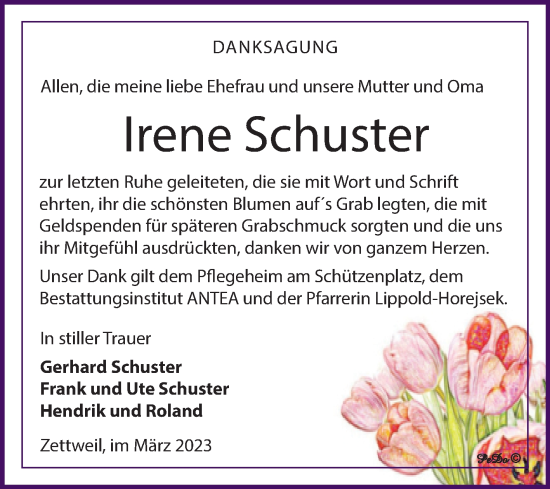 Traueranzeige von Irene Schuster von Trauerkombi Zeitz