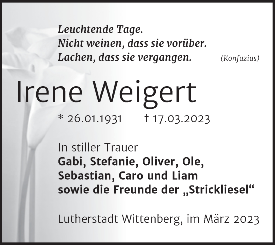 Traueranzeige von Irene Weigert von Trauerkombi Wittenberg