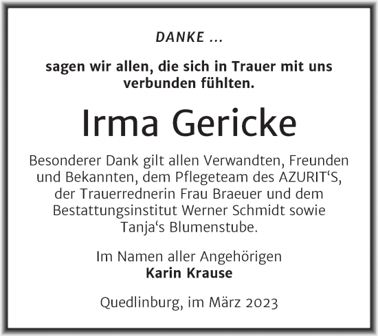 Traueranzeige von Irma Gericke von Trauerkombi Quedlinburg