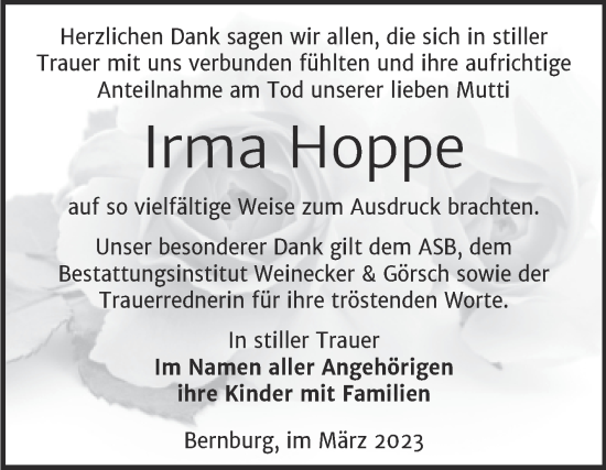 Traueranzeige von Irma Hoppe von Trauerkombi Bernburg