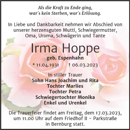 Traueranzeige von Irma Hoppe von Trauerkombi Bernburg