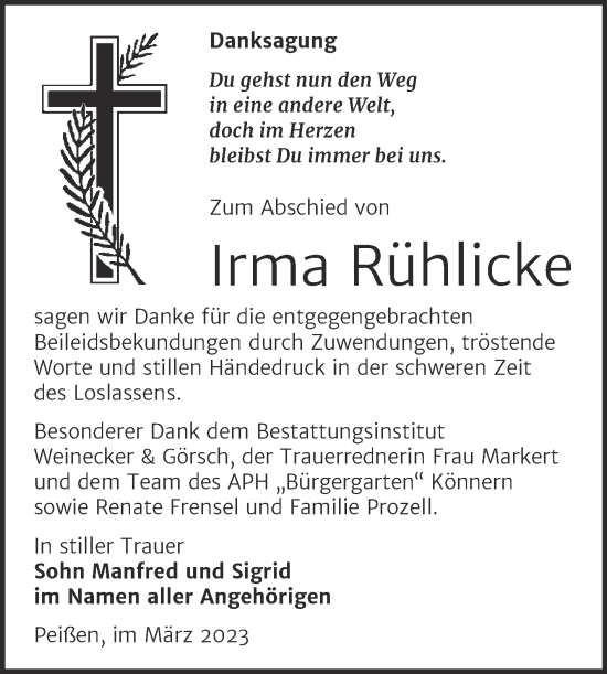 Traueranzeige von Irma Rühlicke von Trauerkombi Bernburg