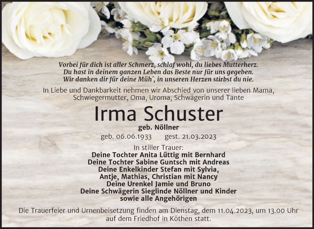  Traueranzeige für Irma Schuster vom 25.03.2023 aus Trauerkombi Köthen