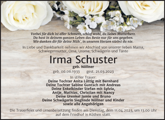 Traueranzeige von Irma Schuster von Trauerkombi Köthen