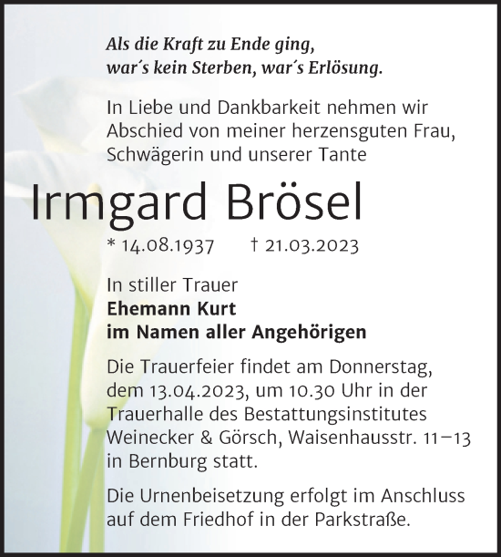 Traueranzeige von Irmgard Brösel von Trauerkombi Bernburg