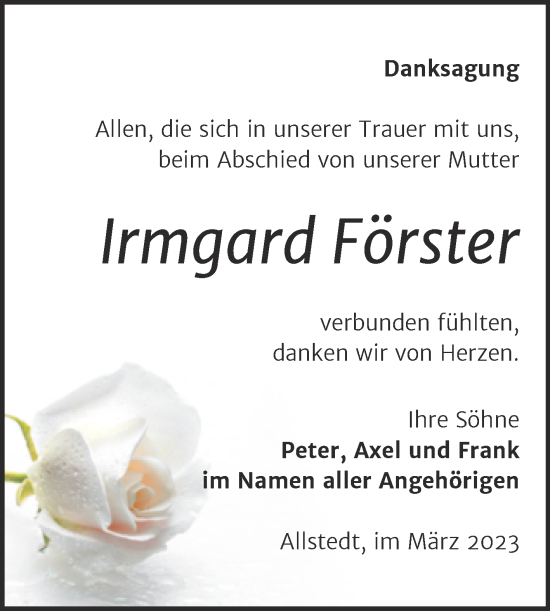 Traueranzeige von Irmgard Förster von Super Sonntag Merseburg/Querfurt