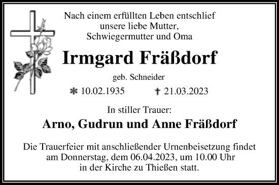 Traueranzeige von Irmgard Fräßdorf von Trauerkombi Dessau