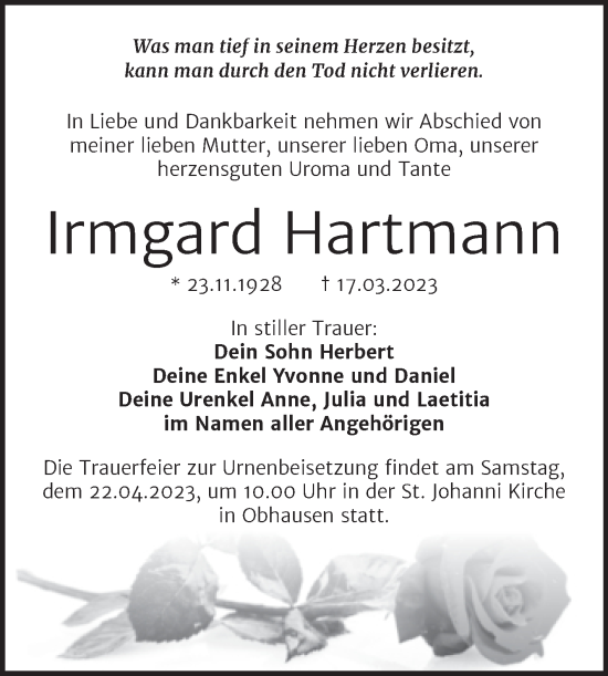 Traueranzeige von Irmgard Hartmann von Trauerkombi Merseburg