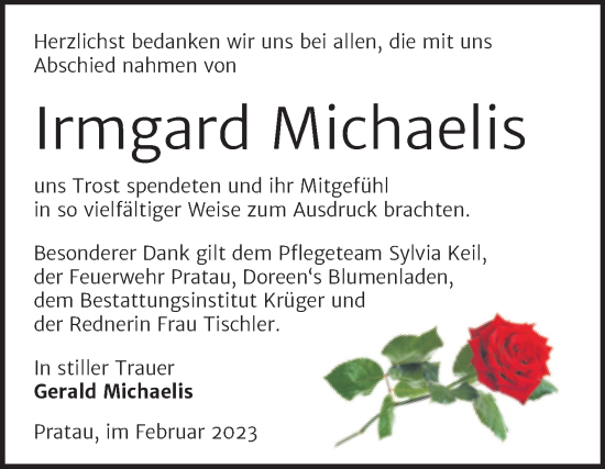 Traueranzeige von Irmgard Michaelis von Trauerkombi Wittenberg
