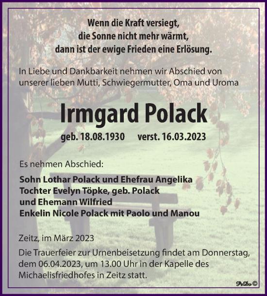 Traueranzeige von Irmgard Polack von Trauerkombi Weißenfels