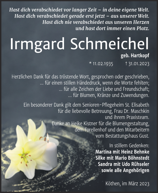 Traueranzeige von Irmgard Schmeichel von Trauerkombi Köthen