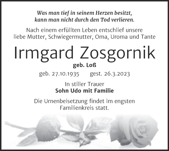 Traueranzeige von Irmgard Zosgornik von Trauerkombi Köthen