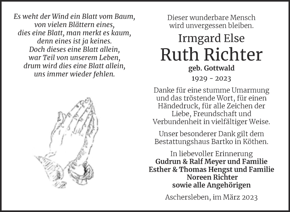  Traueranzeige für Irmgard Else Ruth Richter vom 31.03.2023 aus Trauerkombi Aschersleben