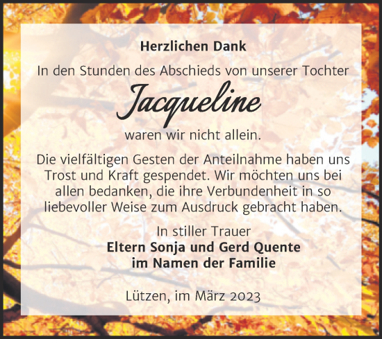 Traueranzeige von Jacqueline  von Trauerkombi Weißenfels