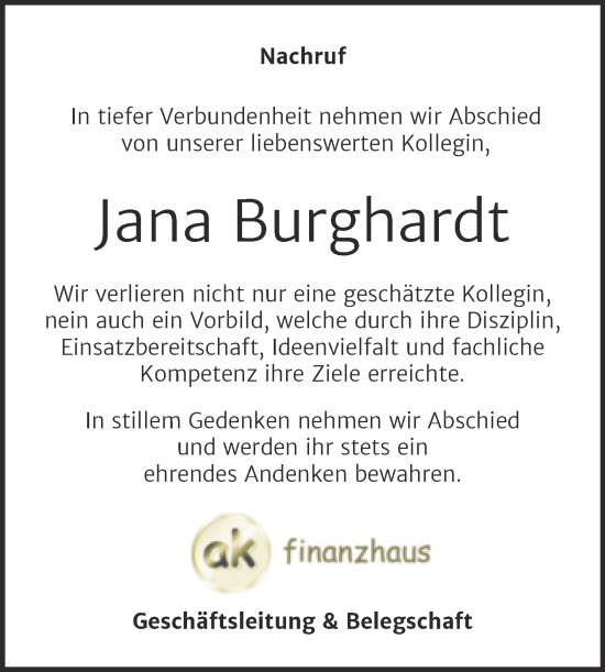 Traueranzeige von Jana Burghardt von Super Sonntag Sangerhausen