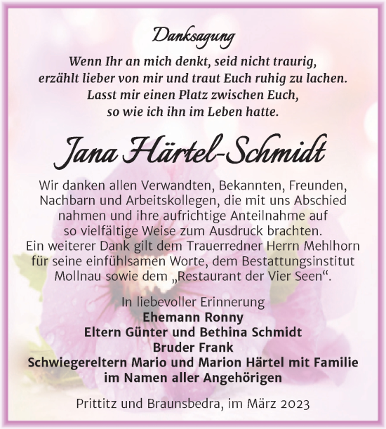 Traueranzeige von Jana Härtel-Schmidt von Trauerkombi Weißenfels