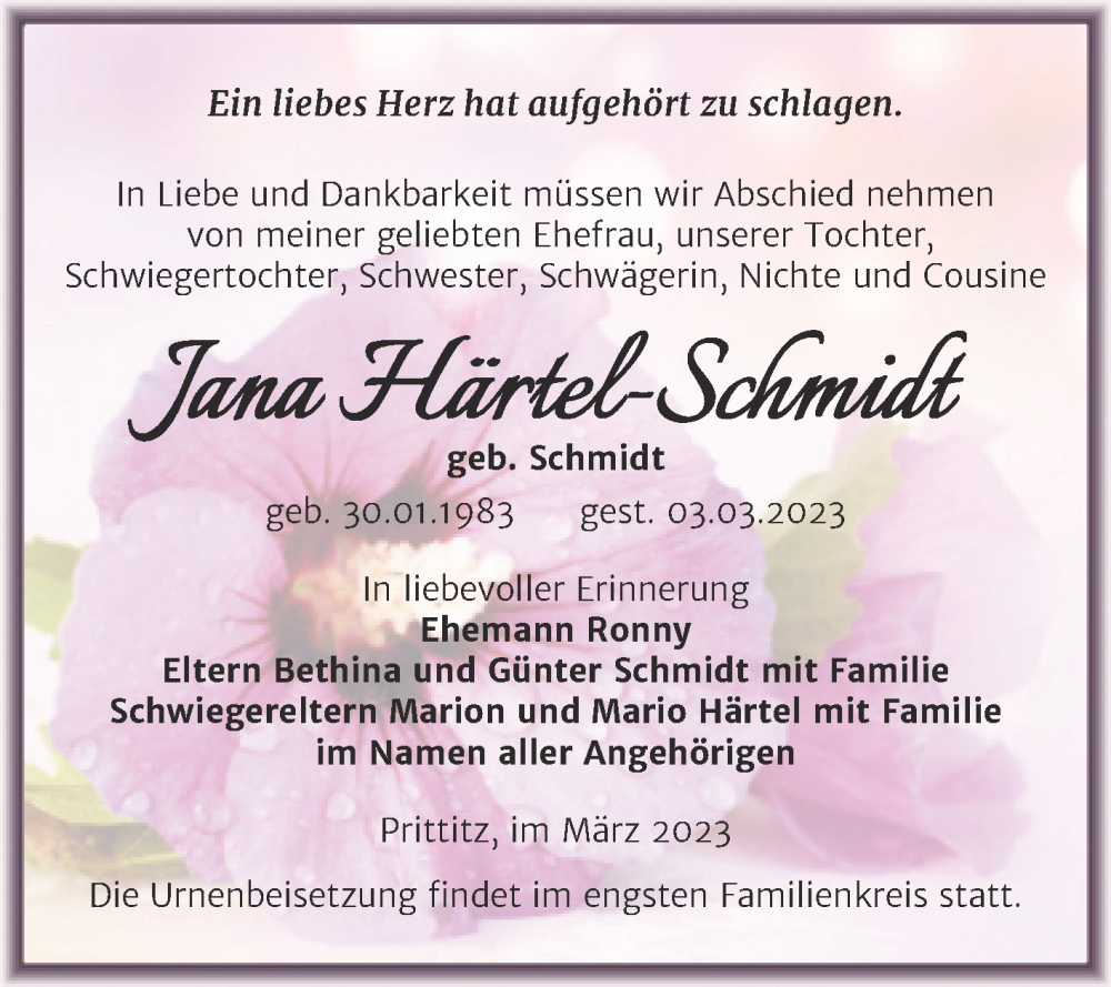  Traueranzeige für Jana Härtel-Schmidt vom 11.03.2023 aus Trauerkombi Weißenfels