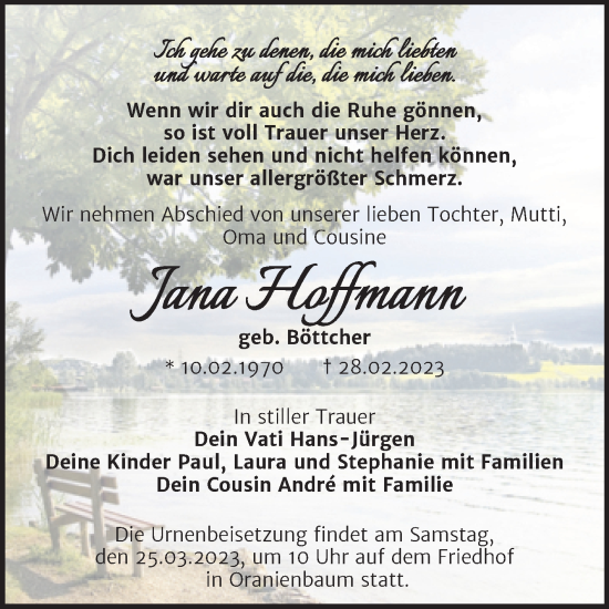 Traueranzeige von Jana Hoffmann von Trauerkombi Wittenberg