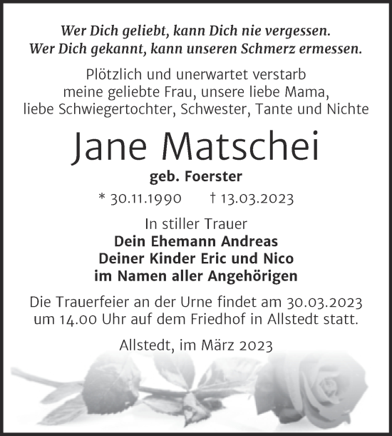 Traueranzeige von Jane Matschei von Trauerkombi Sangerhausen