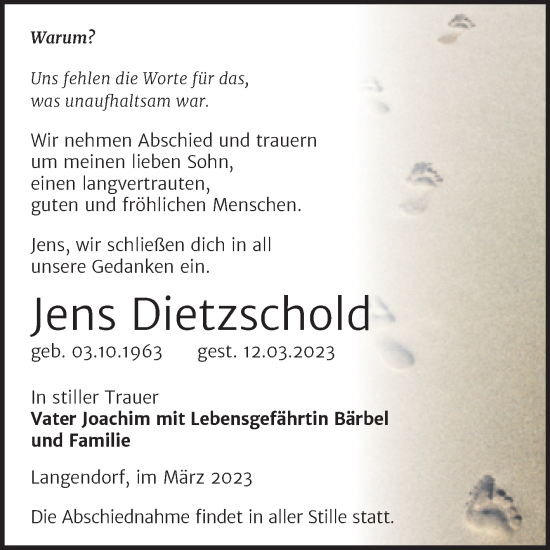 Traueranzeige von Jens Dietzschold von Trauerkombi Zeitz