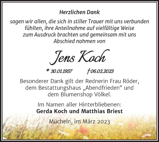 Traueranzeige von Jens Koch von Super Sonntag Merseburg/Querfurt