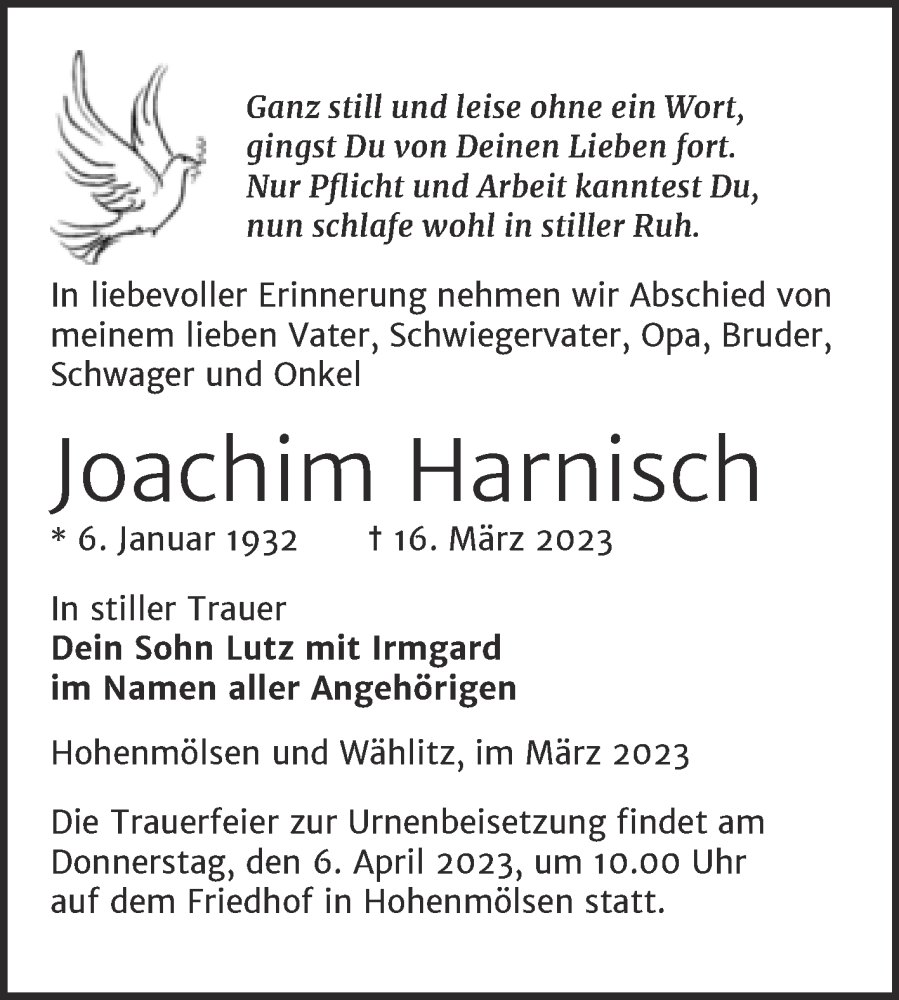  Traueranzeige für Joachim Harnisch vom 18.03.2023 aus Trauerkombi Weißenfels