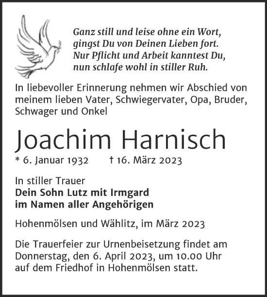 Traueranzeige von Joachim Harnisch von Trauerkombi Weißenfels