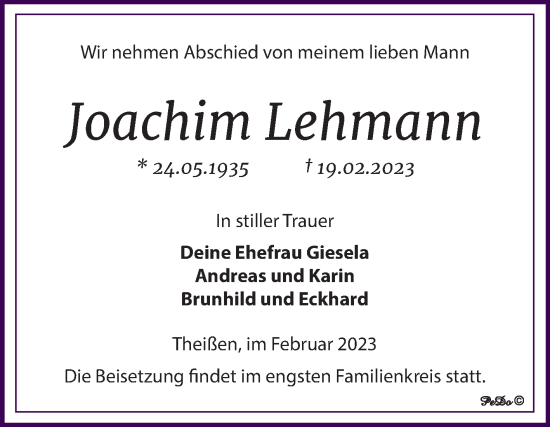 Traueranzeige von Joachim Lehmann von Trauerkombi Zeitz