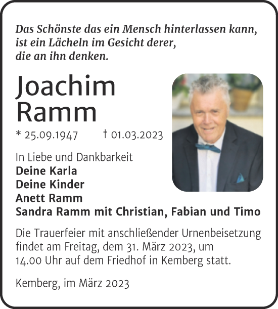 Traueranzeige von Joachim Ramm von Trauerkombi Wittenberg