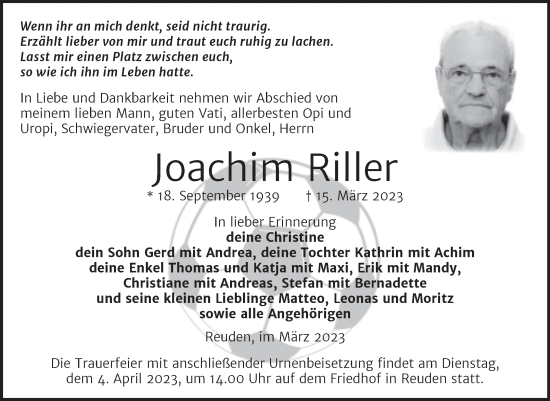 Traueranzeige von Joachim Riller von Trauerkombi Zeitz