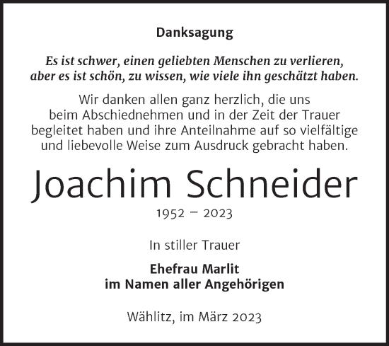 Traueranzeige von Joachim Schneider von Wochenspiegel Weißenfels