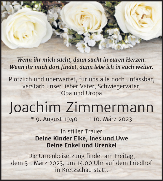 Traueranzeige von Joachim Zimmermann von Trauerkombi Zeitz