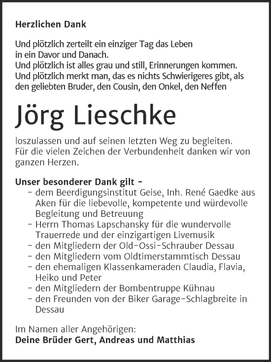 Traueranzeige von Jörg Lieschke von Trauerkombi Dessau
