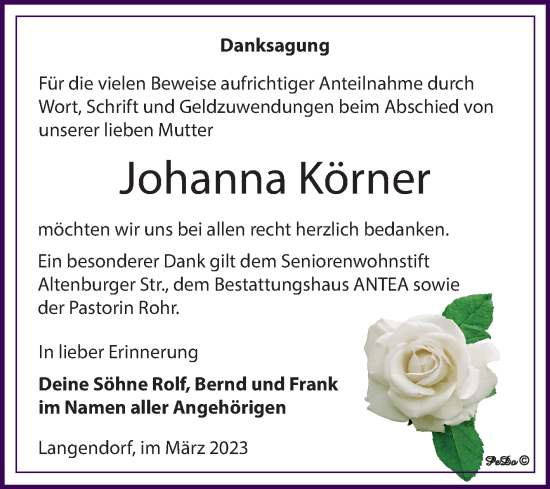 Traueranzeige von Johanna Körner von Trauerkombi Zeitz