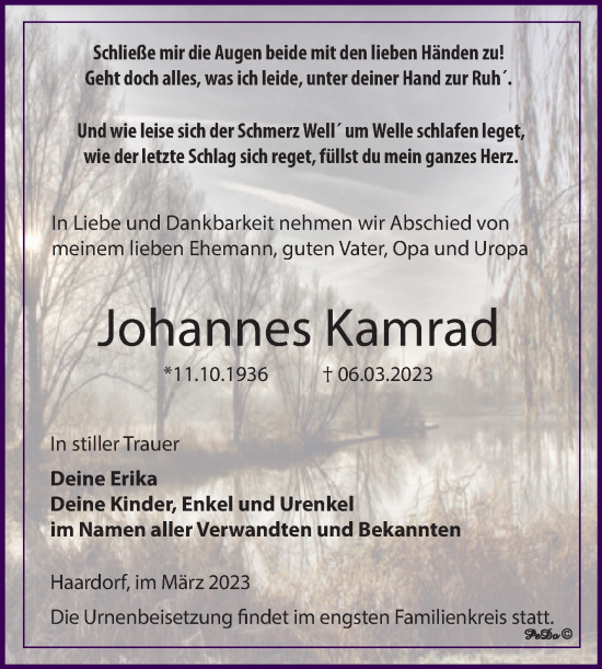 Traueranzeige von Johannes Kamrad von Trauerkombi Zeitz