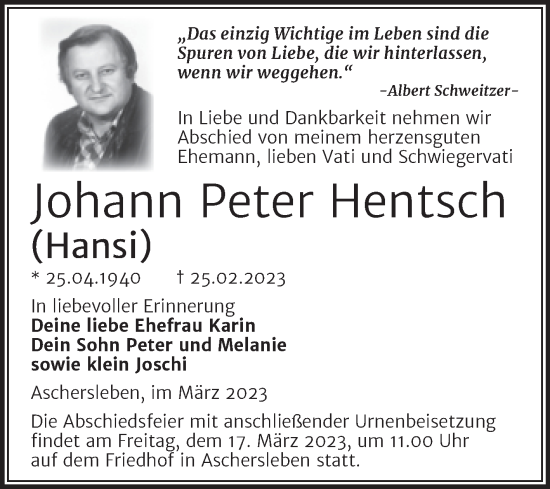 Traueranzeige von Johann Peter Hentsch von Trauerkombi Aschersleben