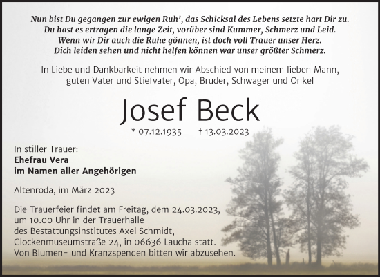 Traueranzeige von Josef Beck von Wochenspiegel Naumburg/Nebra