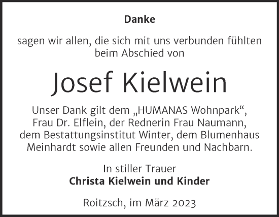 Traueranzeige von Josef Kielwein von Trauerkombi Bitterfeld