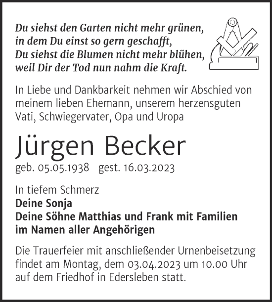 Traueranzeige von Jürgen Becker von Trauerkombi Sangerhausen