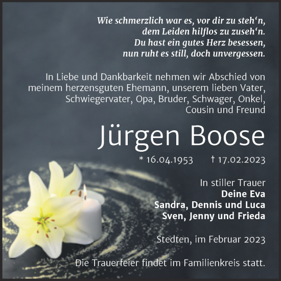 Traueranzeige von Jürgen Boose von Trauerkombi Mansfelder Land