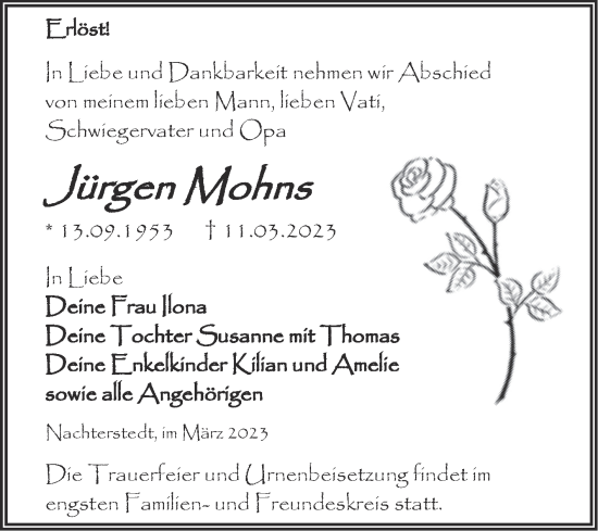 Traueranzeige von Jürgen Mohns von Trauerkombi Aschersleben