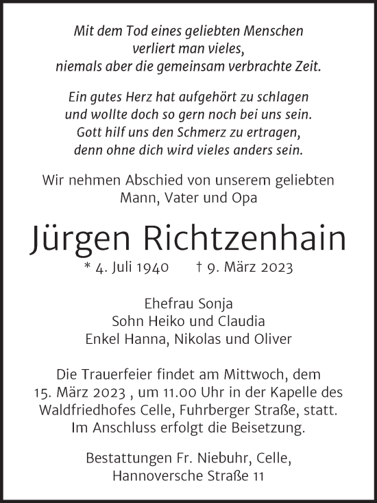 Traueranzeige von Jürgen Richtzenhain von Mitteldeutsche Zeitung Dessau-Roßlau