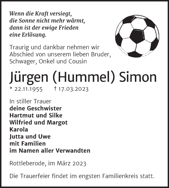 Traueranzeige von Jürgen Simon von Trauerkombi Sangerhausen