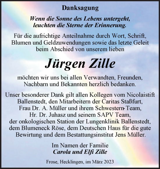 Traueranzeige von Jürgen Zille von Trauerkombi Aschersleben
