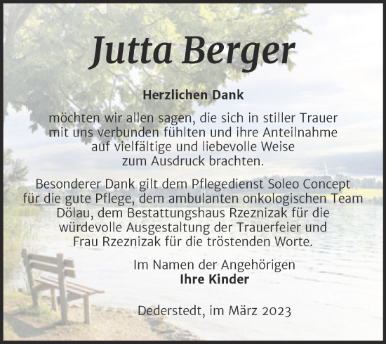 Traueranzeige von Jutta Berger von Trauerkombi Mansfelder Land